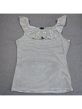 Talbots Small Striped Sleeveless Ruffle Neck Tank Top Black & White